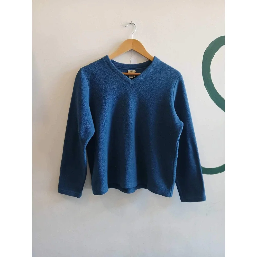 LL Bean V-Neck Fleece Sweater Teal Blue Long Sleeve Pullover Mens Large - Picture 1 of 2